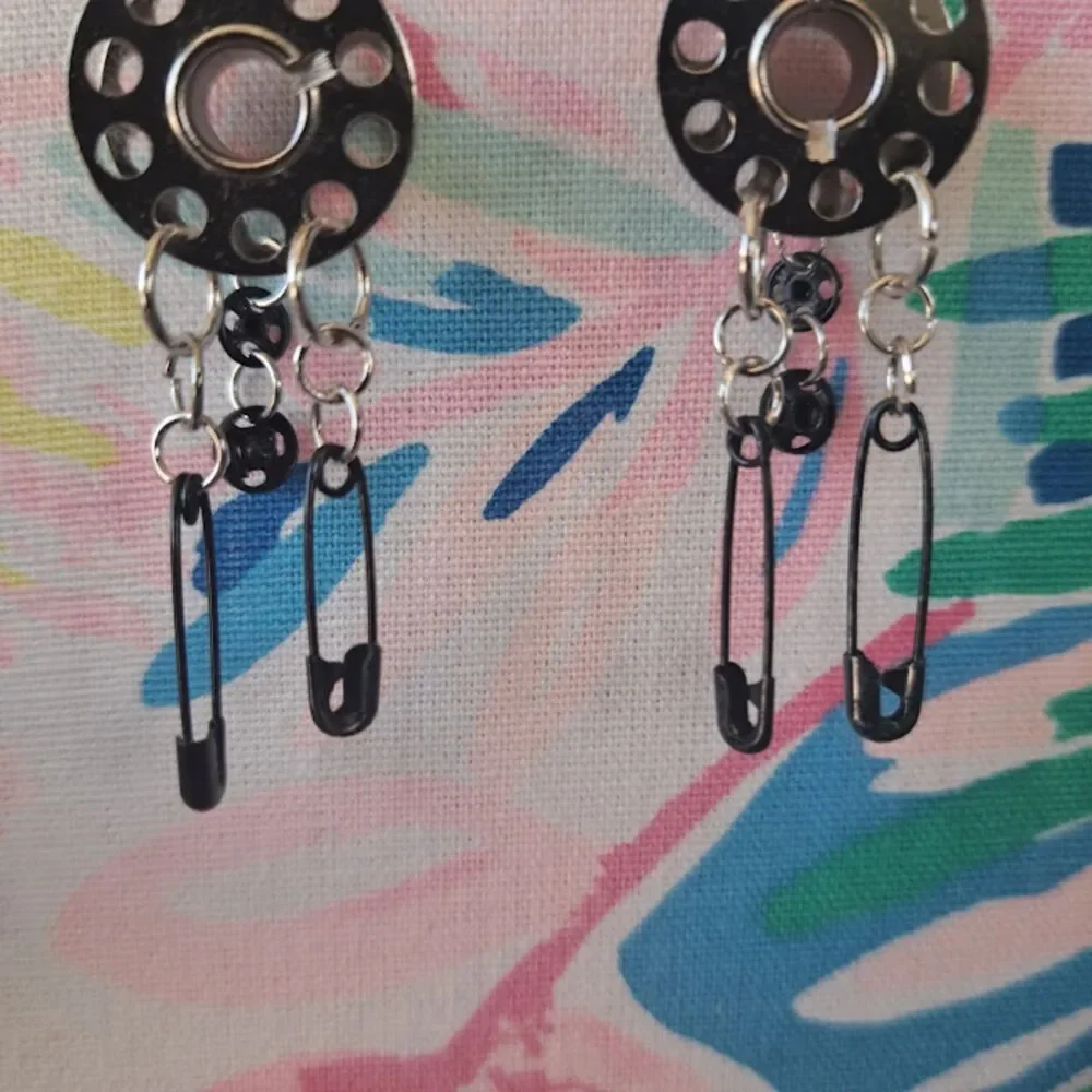 Upcycled Sewing Machine Bobbin Earrings Cyberpunk Punk Quirky Seamstress Gift